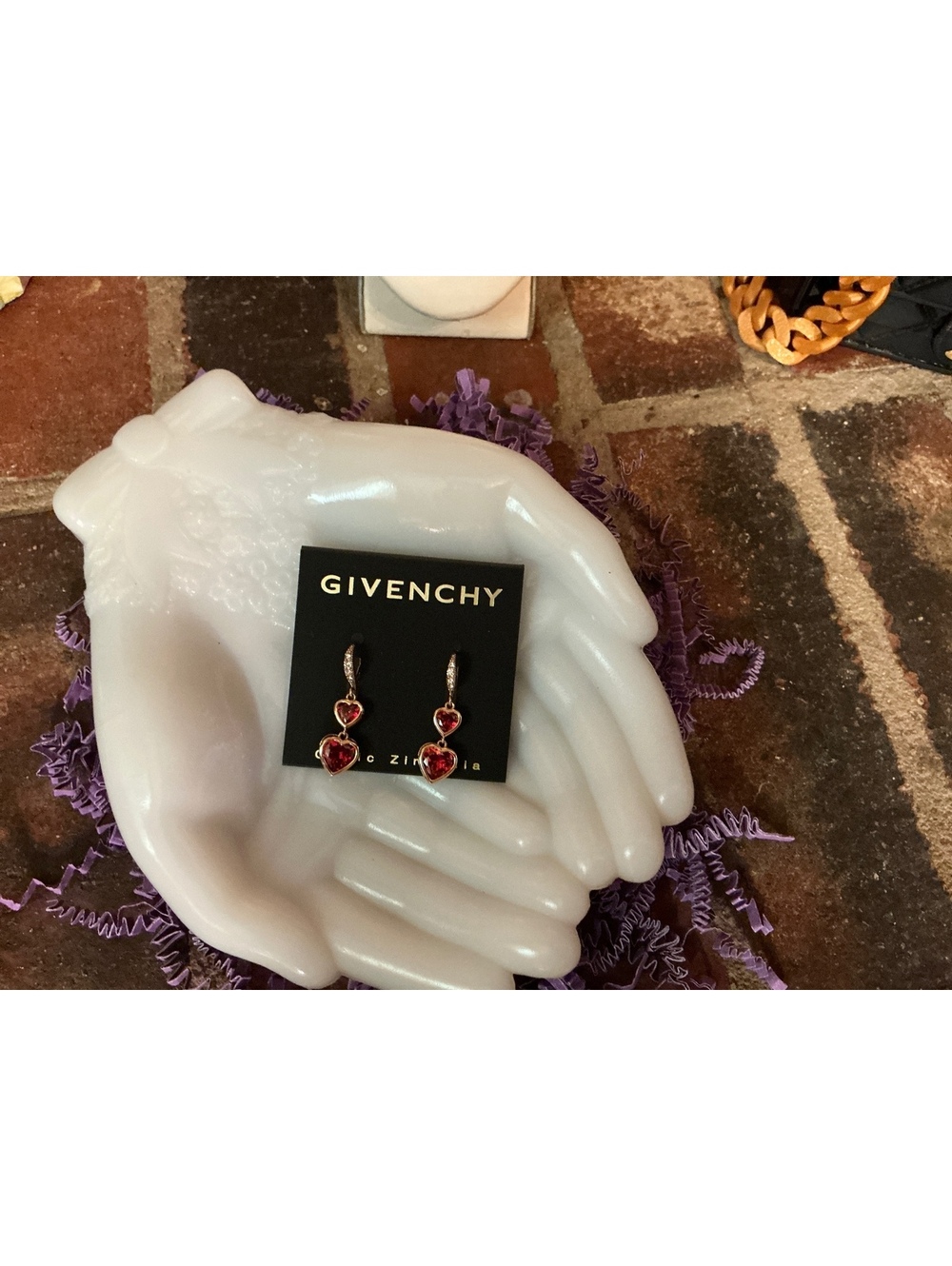 Givenchy Gold Tone Red Heart Drop Earrings